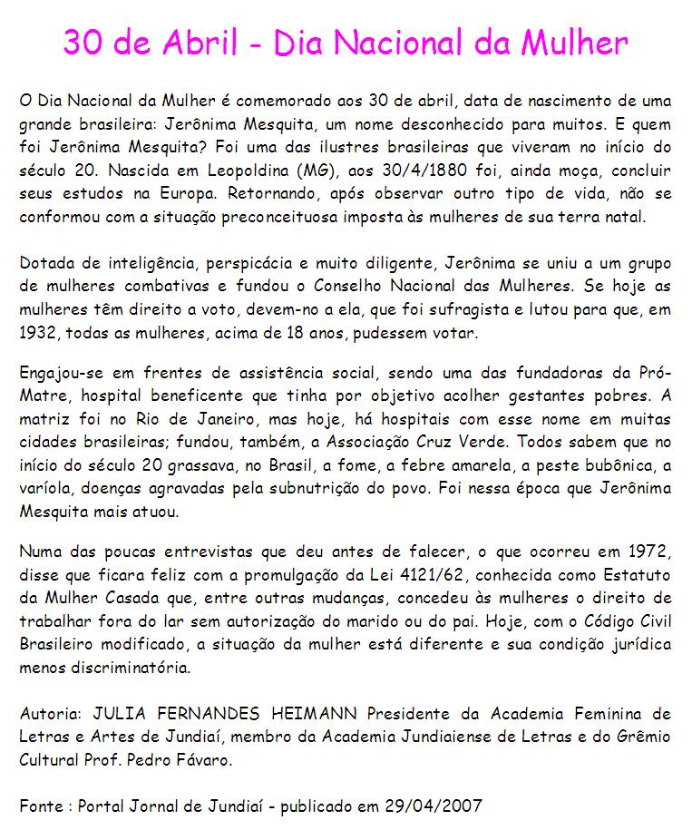 30 DE ABRIL – DIA NACIONAL DA MULHER