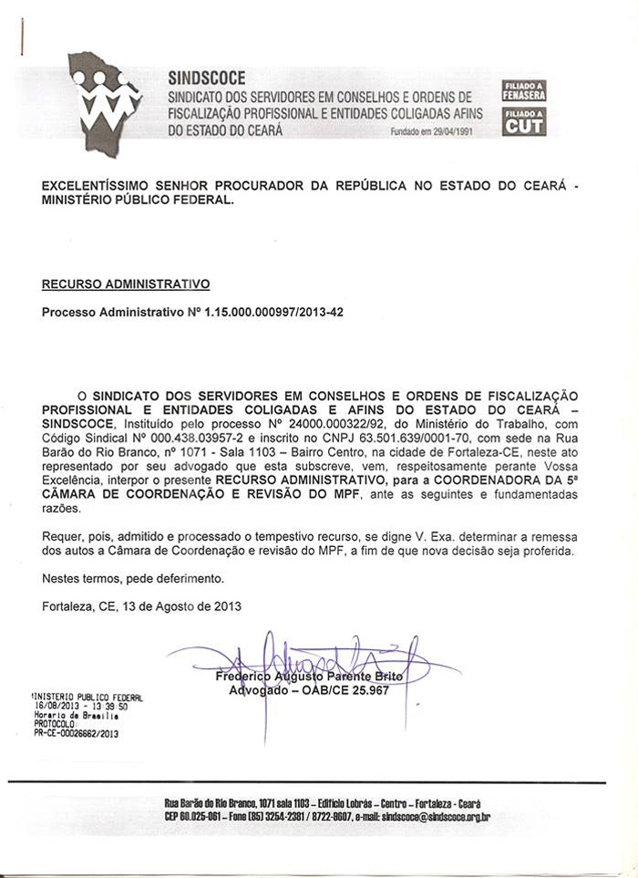 SINDSCOCE protocola Recurso Administrativo contra decisão do MPF/CE em relação ao concurso do CRF/CE